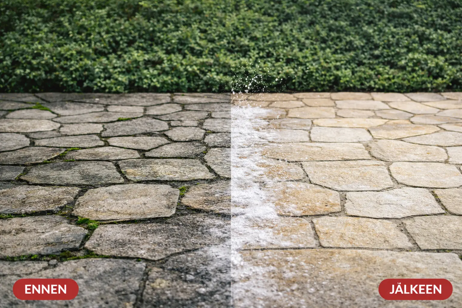Ennen ja jälkeen painepesuri kiveys